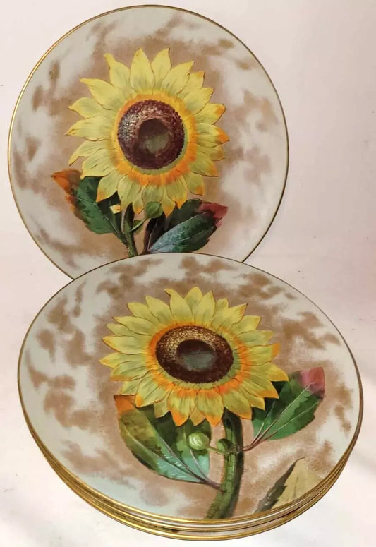 hand painted English 19th C sunflower Plates and tazza By Pinder Bourne doulton