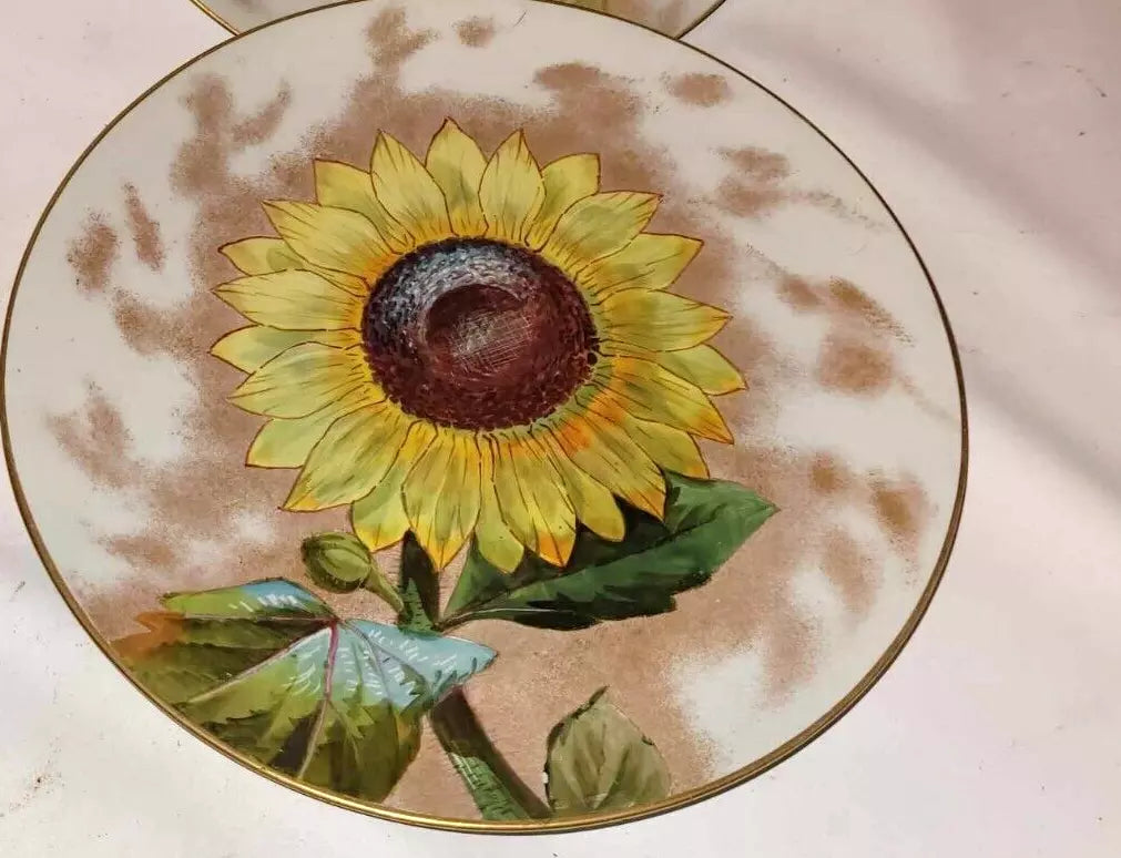 hand painted English 19th C sunflower Plates and tazza By Pinder Bourne doulton
