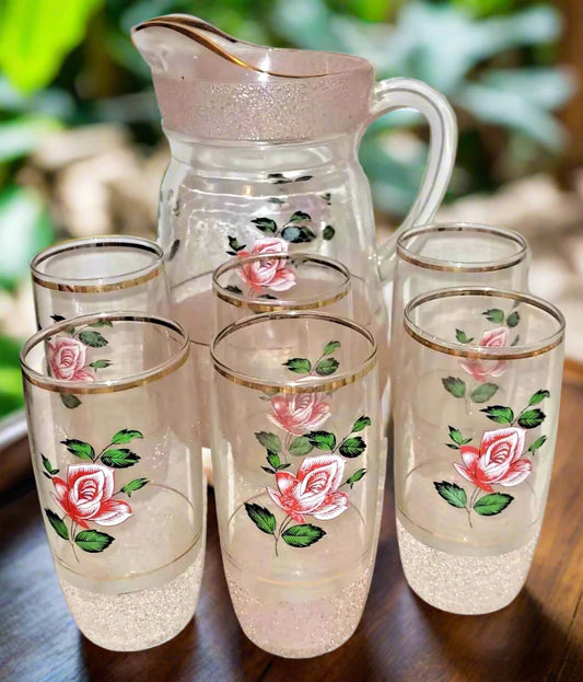 Vintage pink Sugar Frosted Glass, Jug and 6 Glasses ditsy rose 1940s / 50s