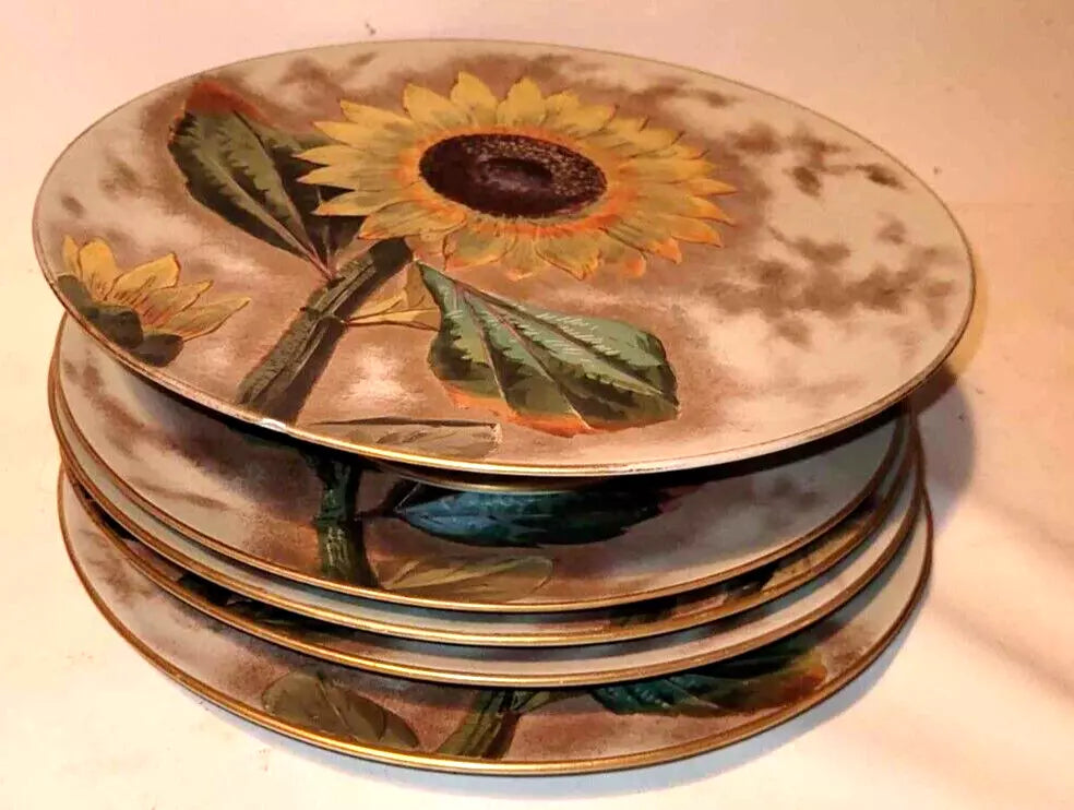 hand painted English 19th C sunflower Plates and tazza By Pinder Bourne doulton