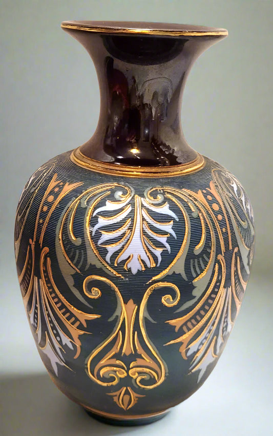 Victorian Doulton Lambeth baluster Vase green teal gold 8'' c1890