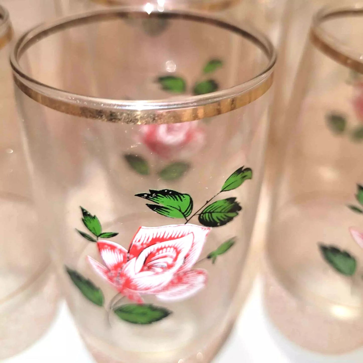 Vintage pink Sugar Frosted Glass, Jug and 6 Glasses ditsy rose 1940s / 50s