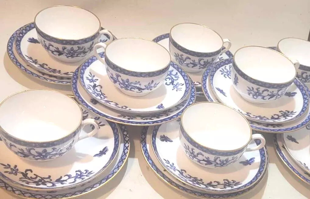 8x Victorian Copelands china blue butterfly teacups saucers plates blue gold