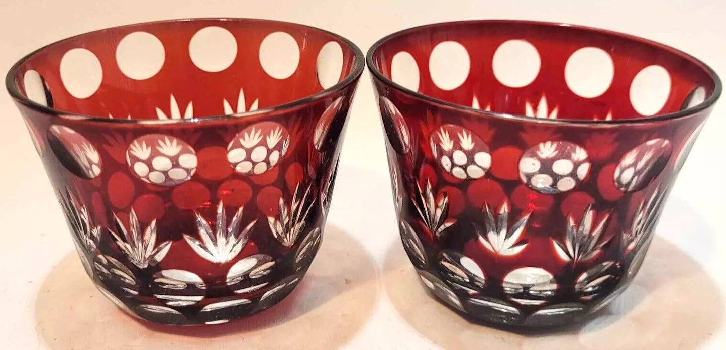 2 Antique Victorian Glass Flash Cut 2 Clear Dark Red Cranberry finger Bowl c1860