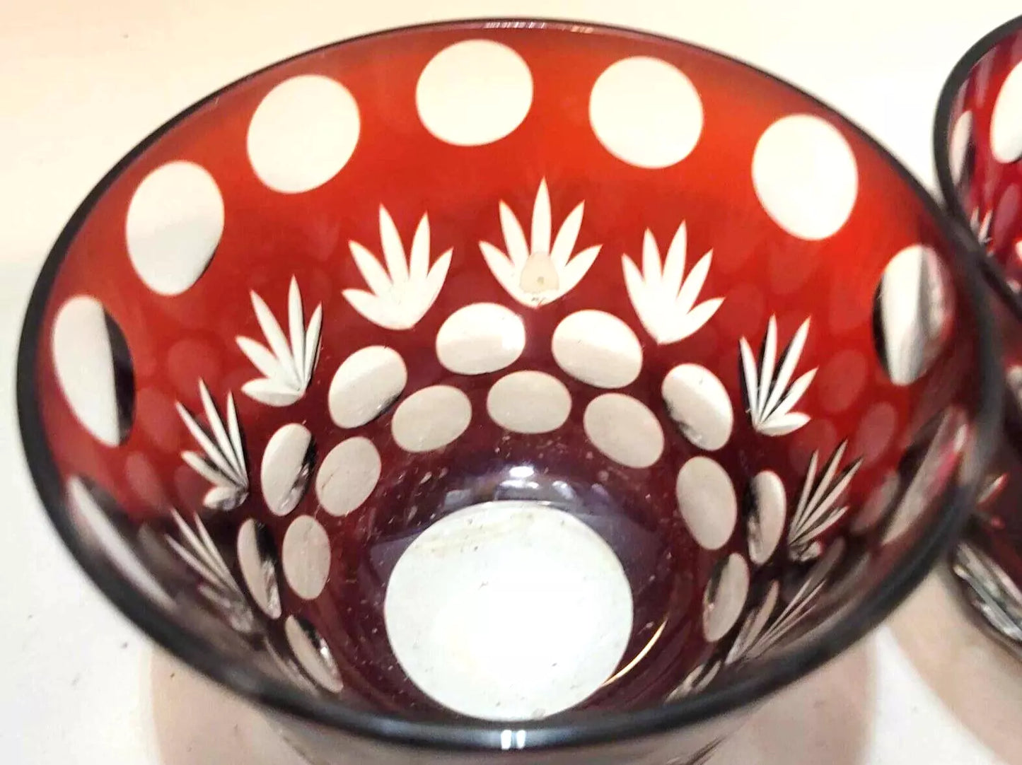 2 Antique Victorian Glass Flash Cut 2 Clear Dark Red Cranberry finger Bowl c1860