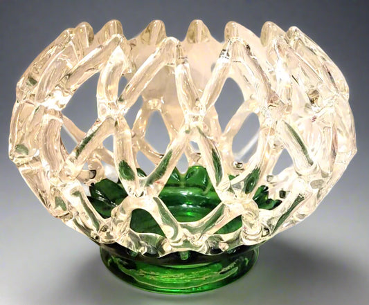 open lattice Art Glass Fruit Bowl Green base centre piece polished pontil