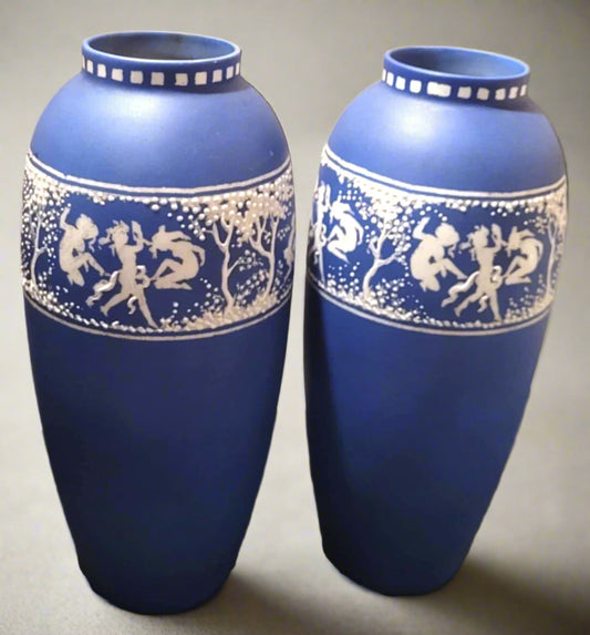 matching pair John Tams Sylvan Jasper vases blue and white Stoke-on-Trent 9.5"