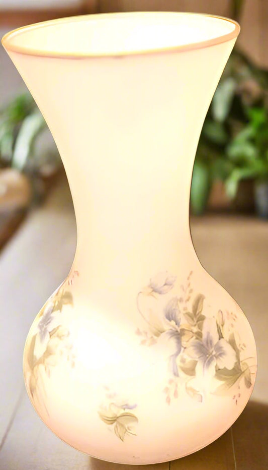 FROSTED MILK GLASS VASE HAND PAINTED BLUE FLOWERS 9"