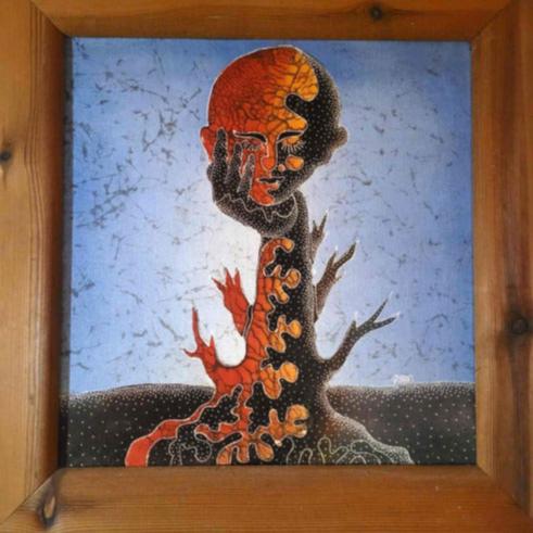 Vintage large Framed Indonesian Batik Fabric Painting Signed tree of life 24"x23"