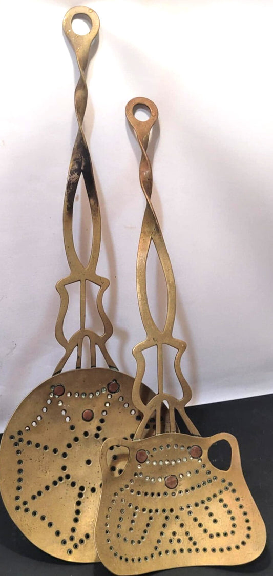 2  Antique Pierced Brass Chestnut Roasters Skimmers Wall Hanging Length 20"