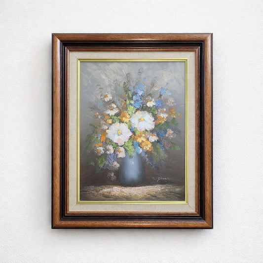Vintage Oil Painting Still Life Flowers in Vase E. Green 18x22" cottage core