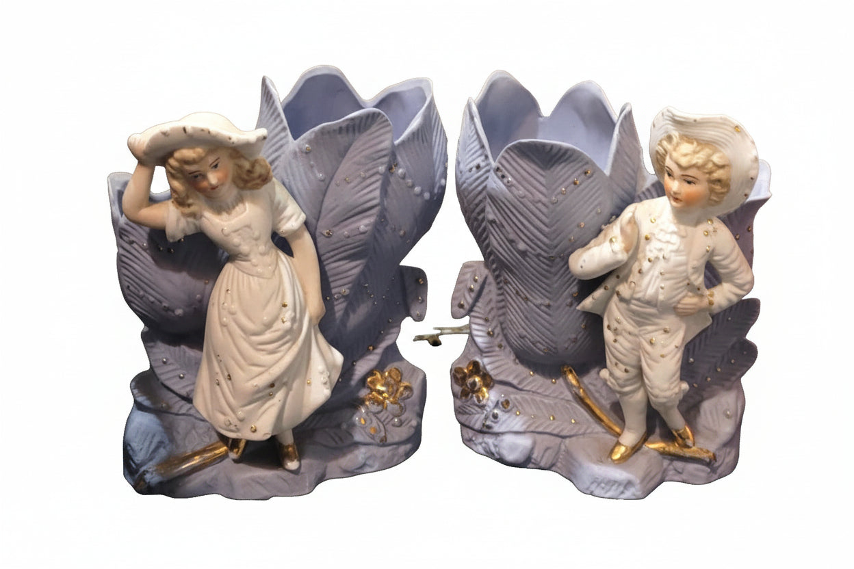 Antique German Bisque Spill Vases Pair of Figural Boy  Girl Art Nouveau Hertwig?