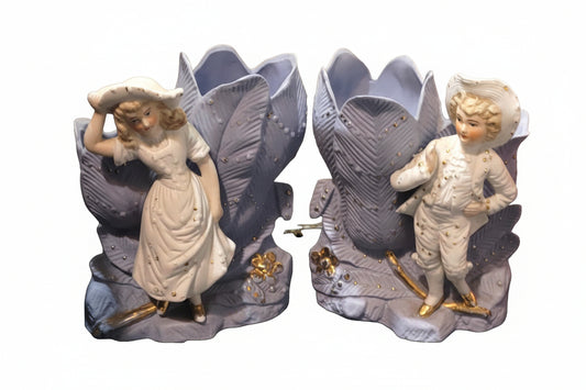 Antique German Bisque Spill Vases Pair of Figural Boy  Girl Art Nouveau Hertwig?