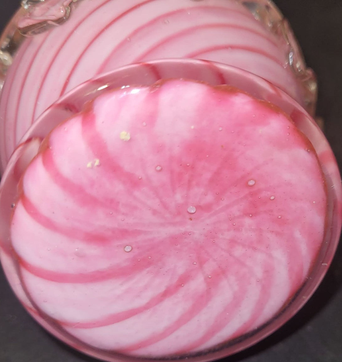 Vintage pink & white spiral cased art glass ewer with applied clear glass leaves