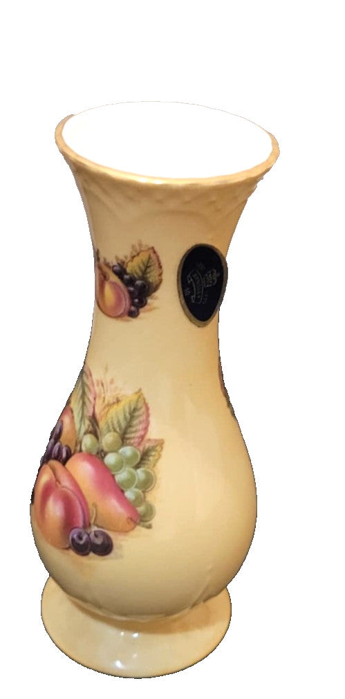Aynsley Orchard Gold sovereign Bud Vase single stem 4.75" H featuring fruit design, good condition, listed with ExportYourStore.com.