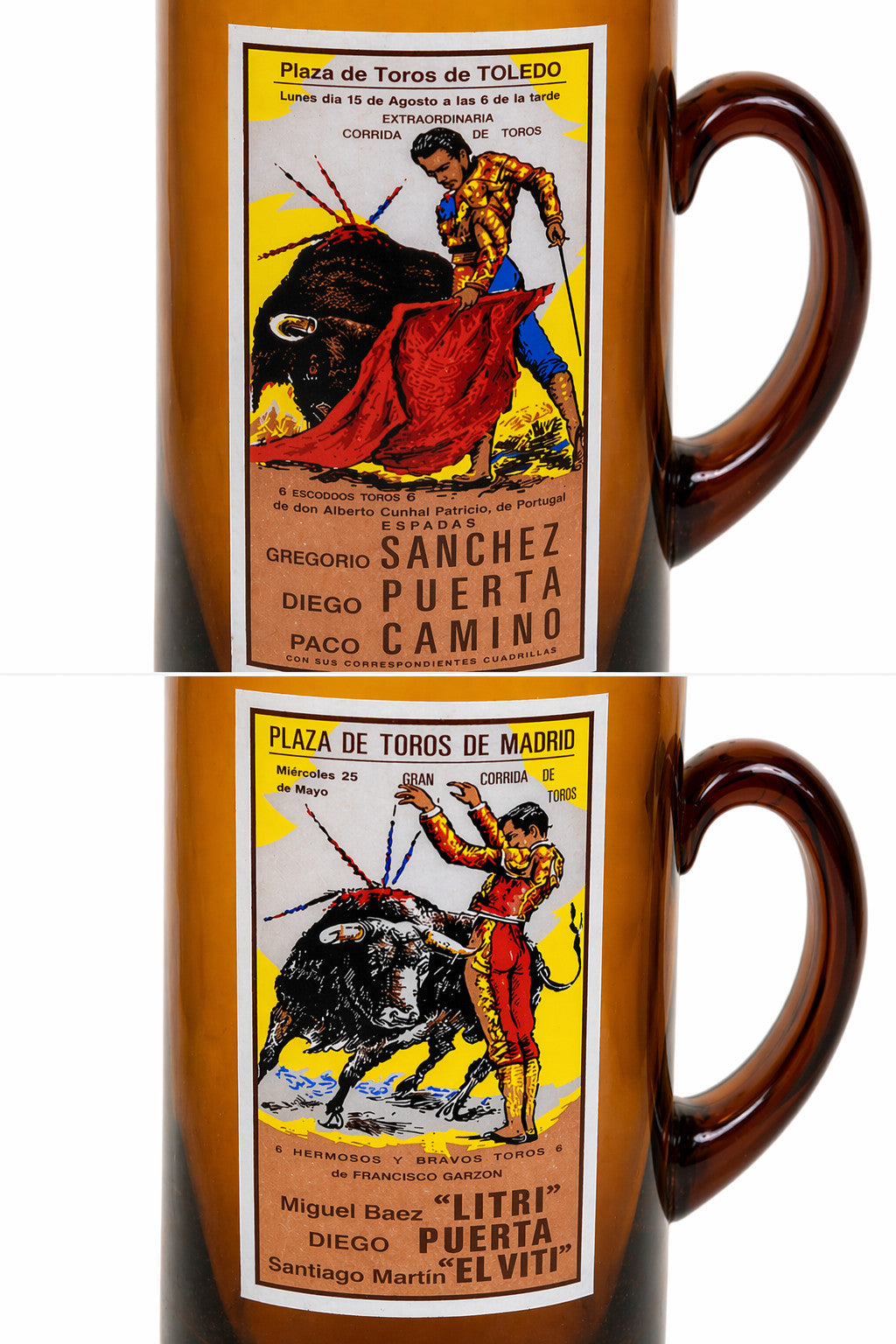 2x Vintage Amber Glass Beer Tankards Spanish Bullfighting Plaza de Toros Toledo