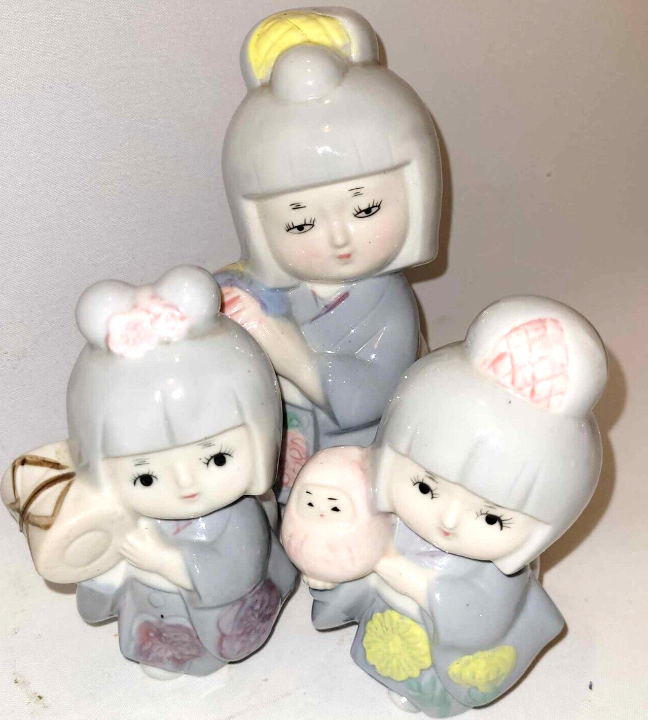 1980s GEISHA FIGURINES glazed CERAMIC girls doll oriental ladies hidamel