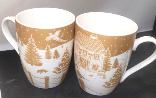 2X AYNSLEY GOLD  WHITE CHRISTMAS IN THE COUNTRY COFFEE CUP MUGS