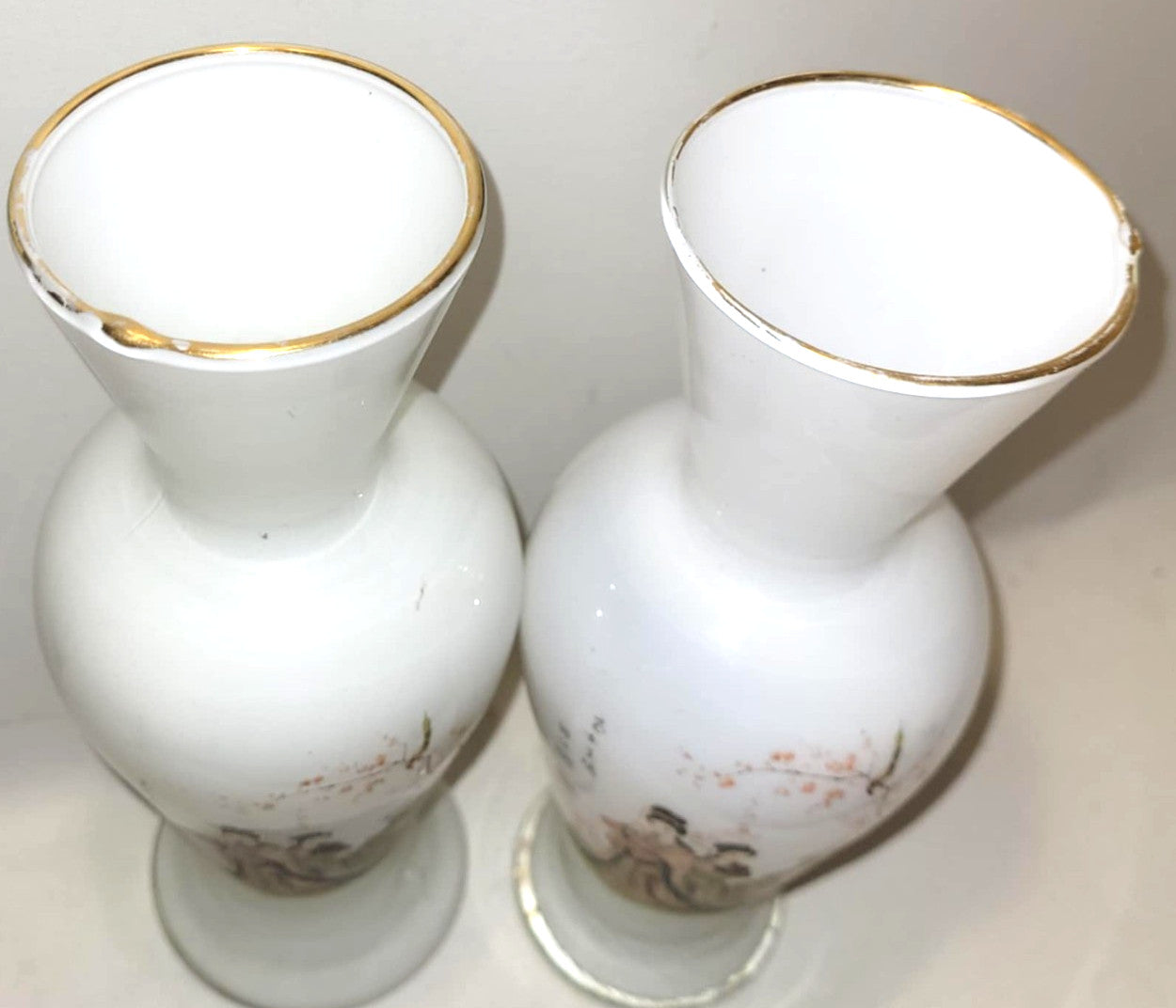 Shihoujian Chinese Lady & Plum Blossom Glass Vases, Vintage Pair, Signed 民女呈瑞
