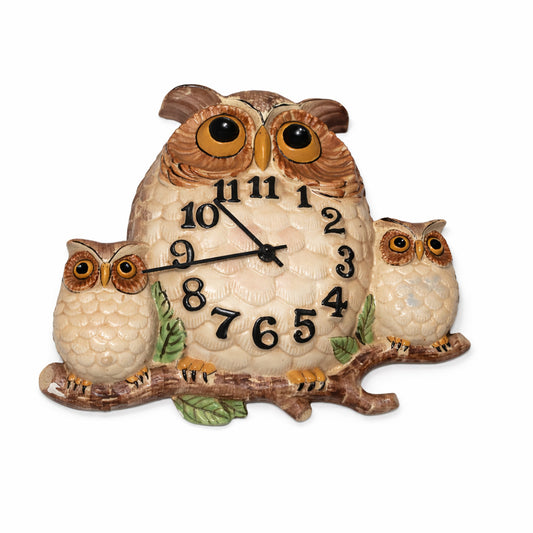 Kitsch Cottagecore triple Owl Wall Clock Ceramic Vintage Style Kitchen Decor 70s
