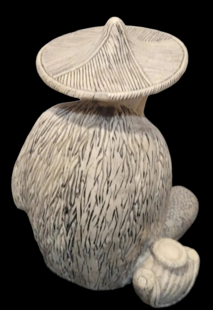 signed Japanese Faux Ivory Resin Stone figurine  very detailed Fisherman Okimono 5"