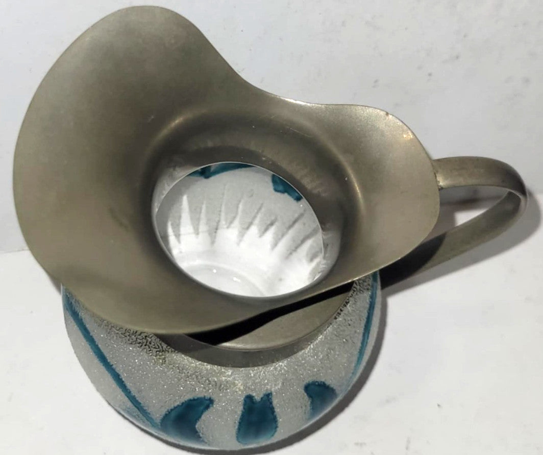 Vintage Mould Blown Art Glass Cruet Jug creamer Blue tulip Floral Frosted Glass