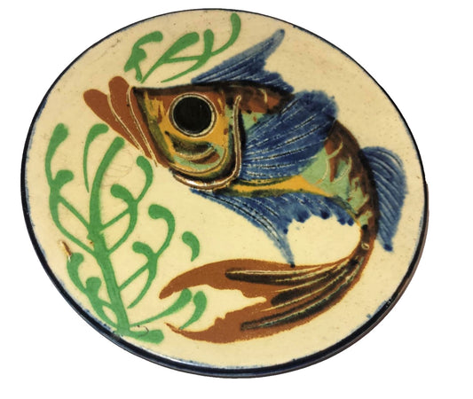 Spanish Puigdemont studio art pottery wall Hanging Fish Plate 1960's 7"