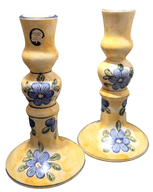 2x  vintage Candle Stick Holders Country Crafts  yellow blue floral Spain