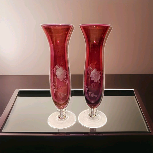 pair Cranberry Etched Glass Bud Vases Clear Glass Pedestal Base 9"