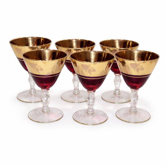 Vintage Bohemian style Set of 6 Cranberry Gold Etched small liquor Glasses