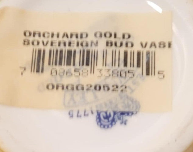 Aynsley Orchard Gold sovereign Bud Vase single stem 4.75" H label with barcode and production details.