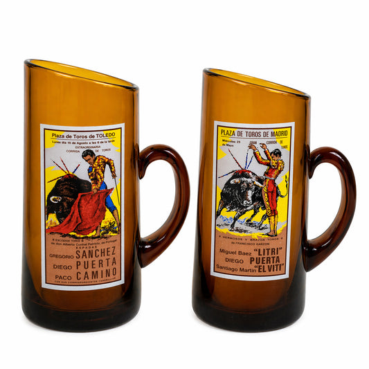 2x Vintage Amber Glass Beer Tankards Spanish Bullfighting Plaza de Toros Toledo