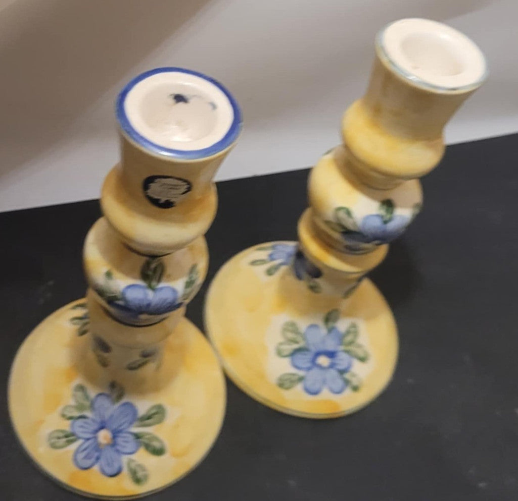2x  vintage Candle Stick Holders Country Crafts  yellow blue floral Spain