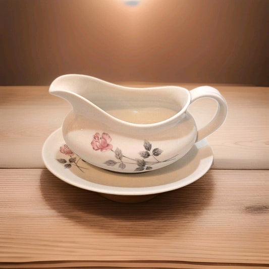 ROYAL DOULTON PILLAR ROSE GRAVY BOAT & STAND BONE CHINA ENGLAND PINK ROSE