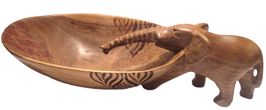 Vintage Indian Sheesham Wood Elephant Bowl Hand-Carved Folk Art