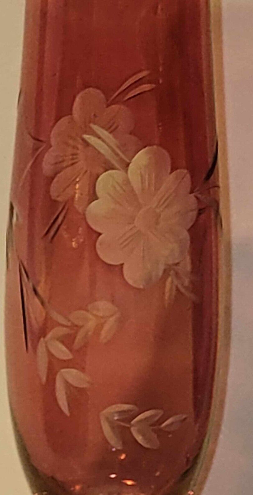 pair Cranberry Etched Glass Bud Vases Clear Glass Pedestal Base 9"