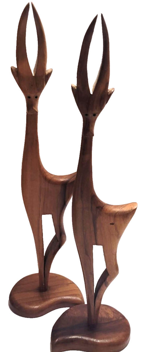 2 Vintage 1970s Carved Wooden stylised Antelope Figurines Retro Gazelle deer 13"