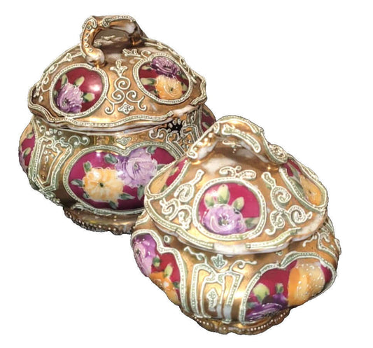 Epiag Czechoslovakia Hand-painted, enamel floral, ornate gilt trinket pots c1920