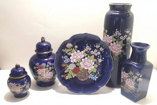 Japanese Kutani Decorative Cobalt Blue, Gold flower wagon vase jars, bell plate