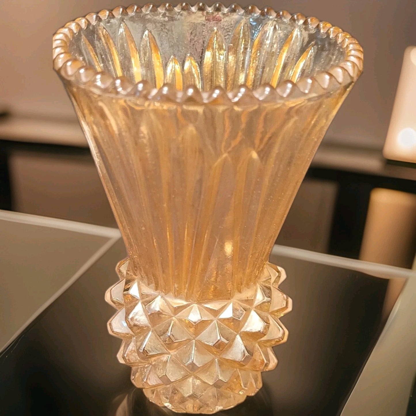 1930s Carnival art Glass Vase Iridescent Marigold Thistle  6” pineapple