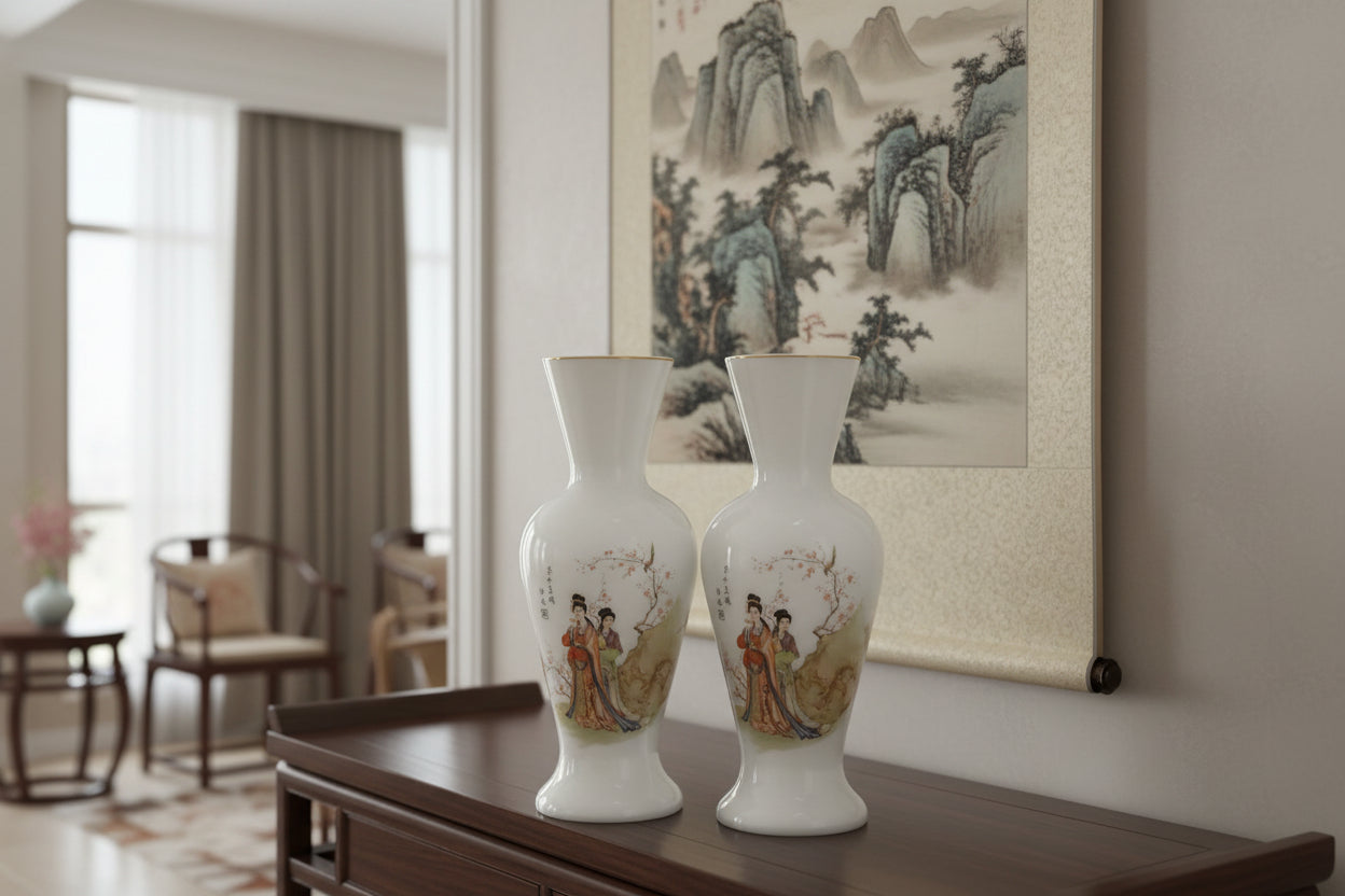 Shihoujian Chinese Lady & Plum Blossom Glass Vases, Vintage Pair, Signed 民女呈瑞