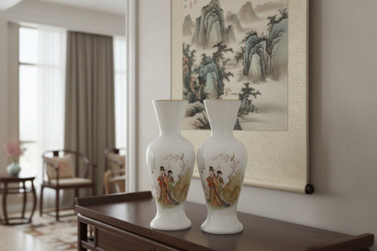 Shihoujian Chinese Lady & Plum Blossom Glass Vases, Vintage Pair, Signed 民女呈瑞