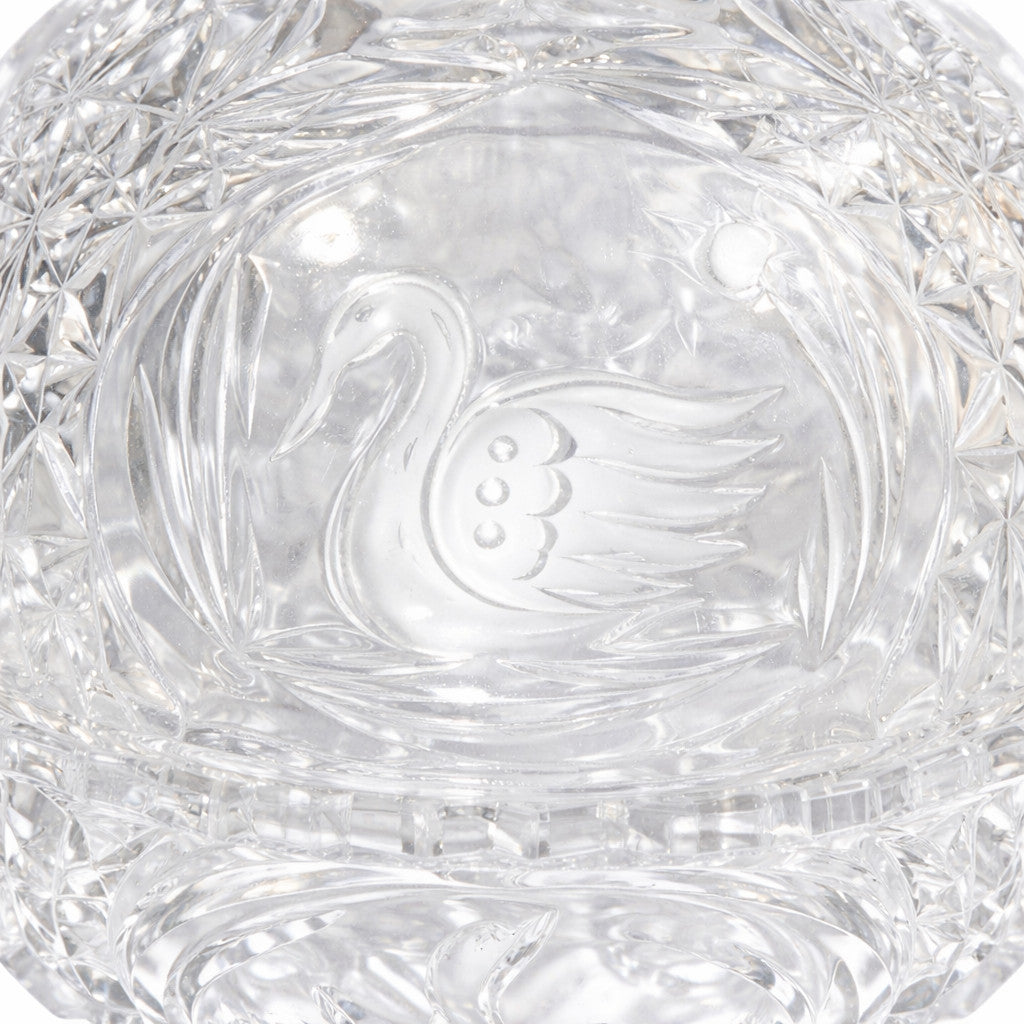 Vintage Lead Crystal Lidded Bonbon Dish with frosted Etched Swan panels 10" H