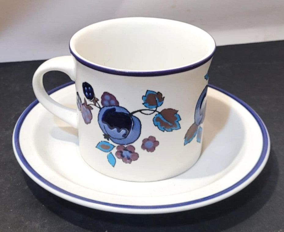 Royal Doulton Festival teacup & saucer duo Blue Floral 1974 retro vintage vibe