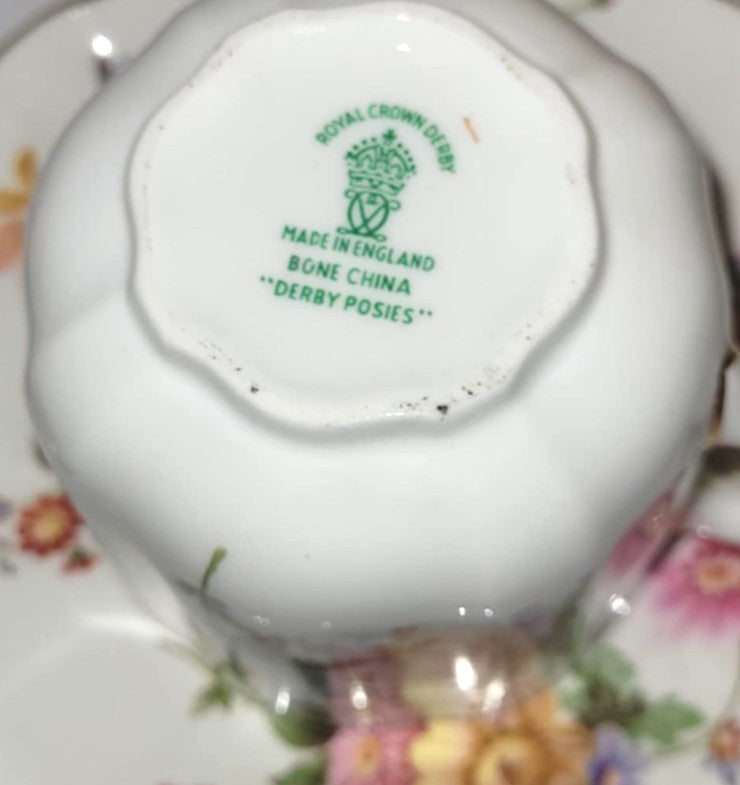 2x Royal Crown Derby Posies Coffee Cups and Saucers green backstamp