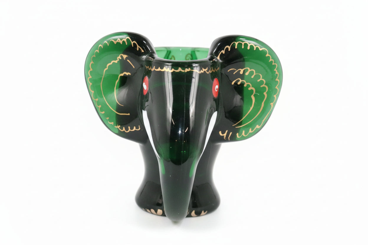 2x Royo Green art Glass Spanish Painted Elephant Bowls Pipe Holders Mid Century