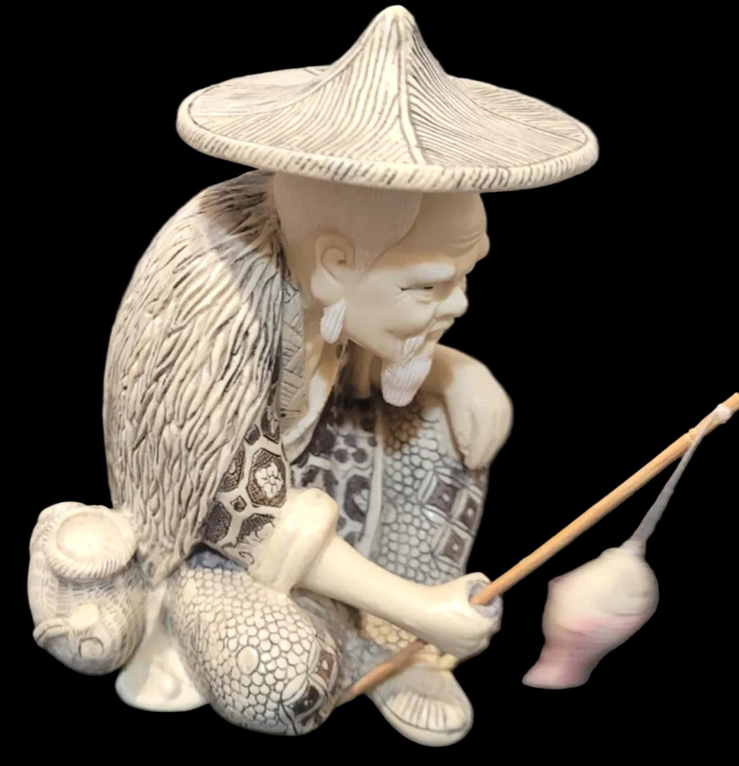 signed Japanese Faux Ivory Resin Stone figurine  very detailed Fisherman Okimono 5"