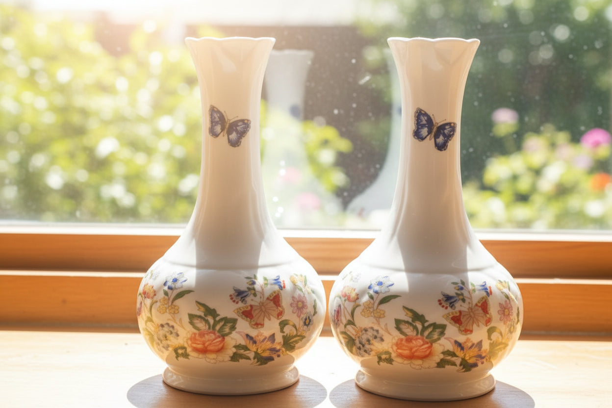 matching pair of Aynsley Cottage Garden crocus Bud Vases