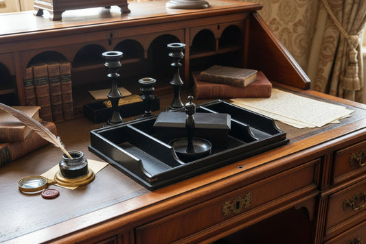 Vintage Ebony wood Dressing Table vanity desk  Set tidy candlesticks letter tray