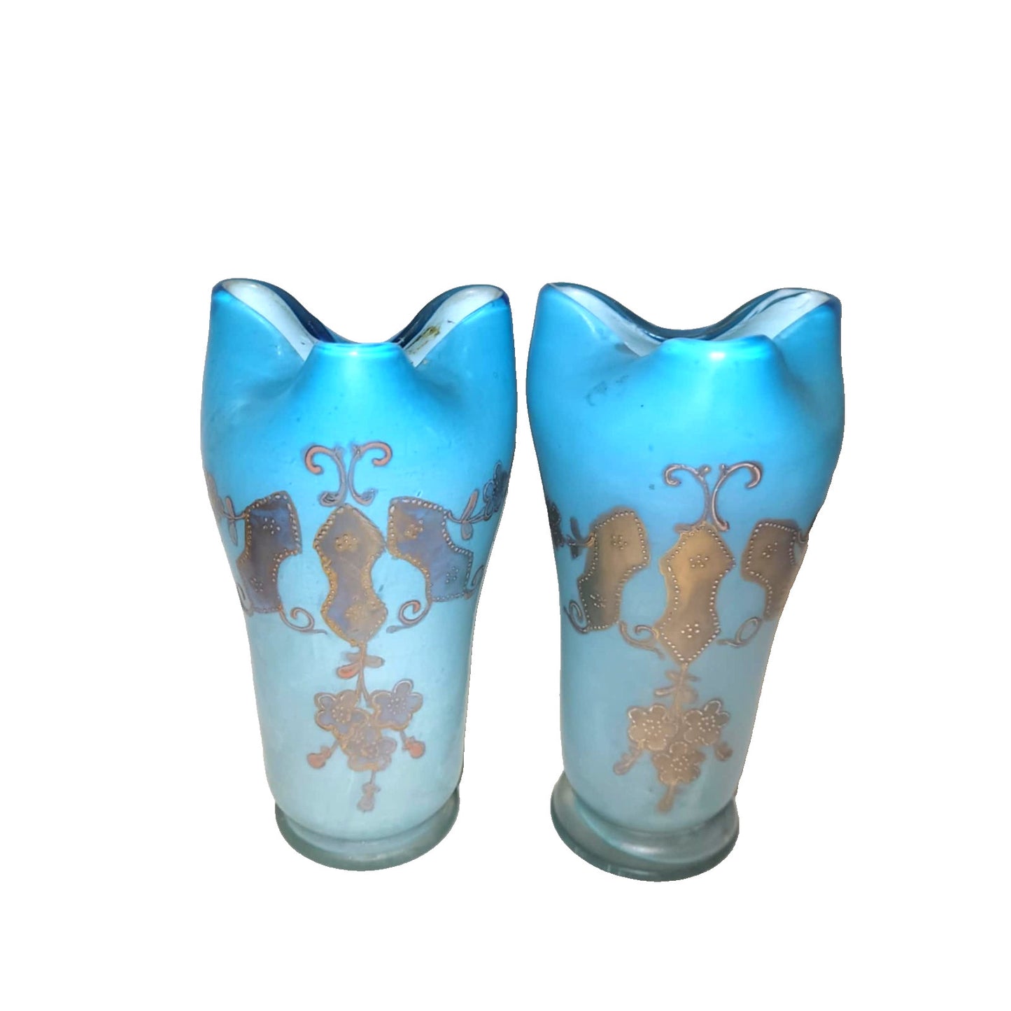 Antique Bohemian Turquoise Satin Glass Gilt Enamel Vases Pair c1900